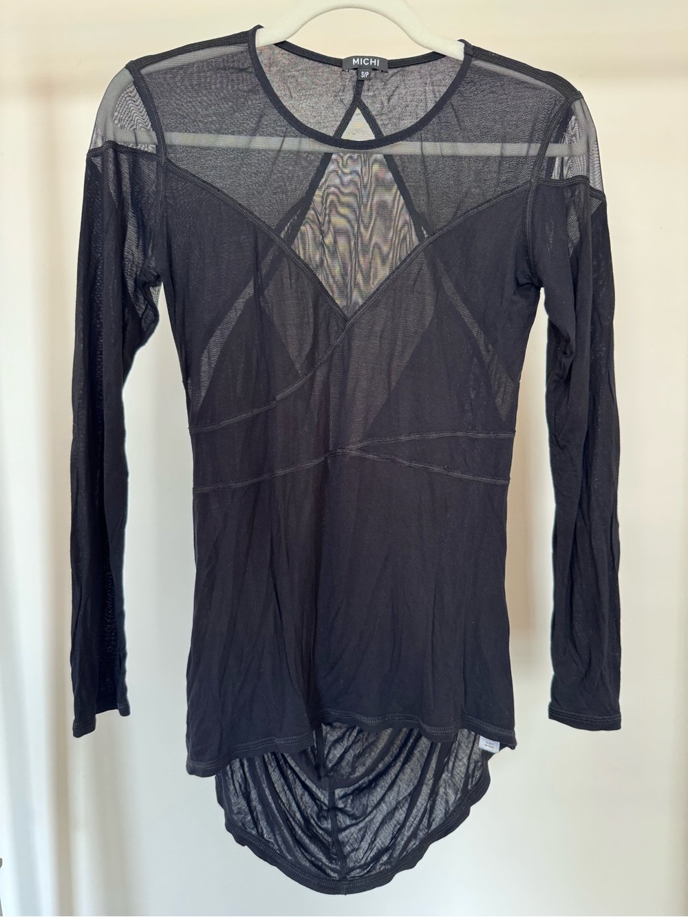 MICHI Black Sheer Long-Sleeve Mesh Top with V-Panel